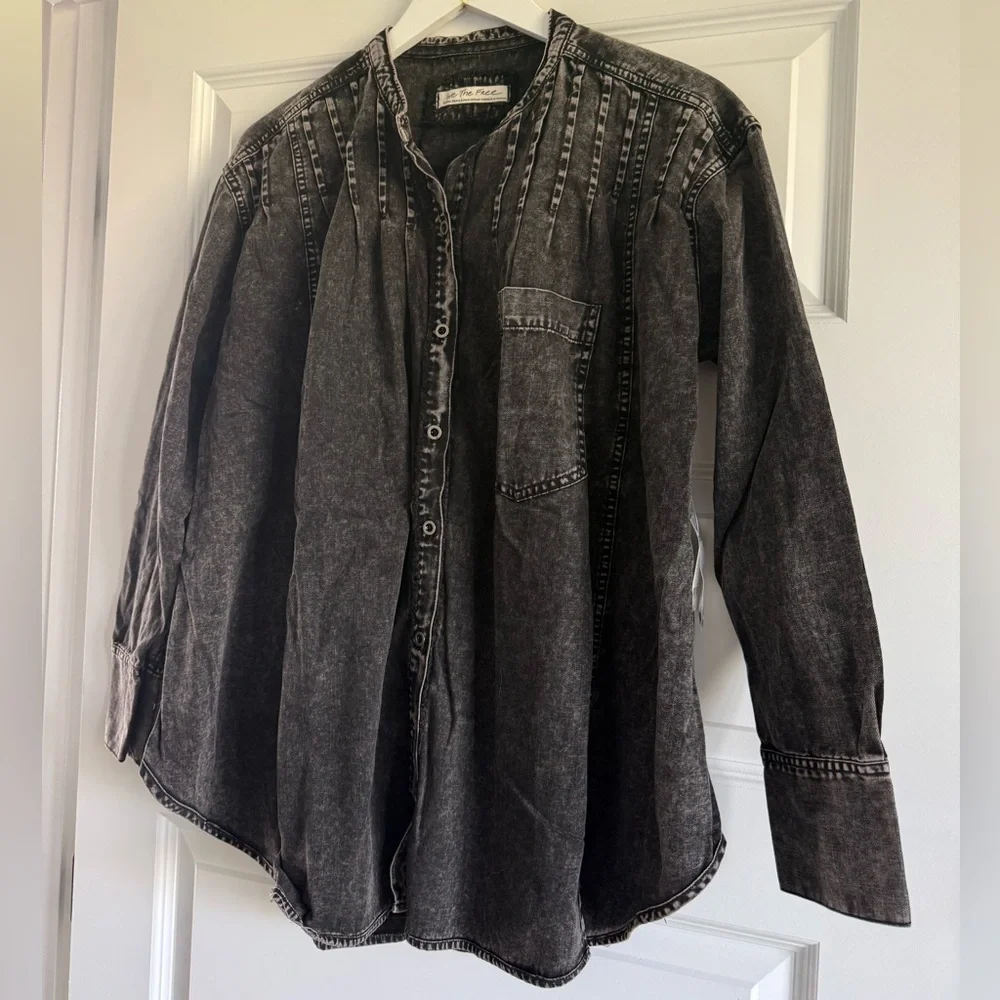 Free People Washed Black Denim Button-Up Top | Boho Oversized Denim Shirt